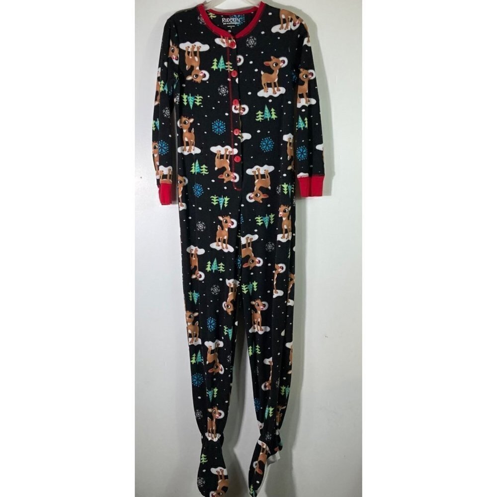 Womens Rudolph Footed Fleece One‎ Piece Pajamas Black Brown Red S